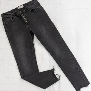 Free People High Waisted Button Fly Raw Hem Skinny Black Ankle Jean